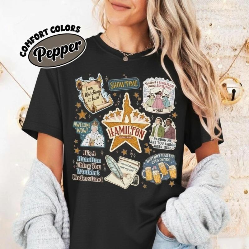 Hamilton Musical Stickers Shirt Broadway Musical Quote Graphic Tee Sisters Work Funny Shirt Theater Fan Gift Top S