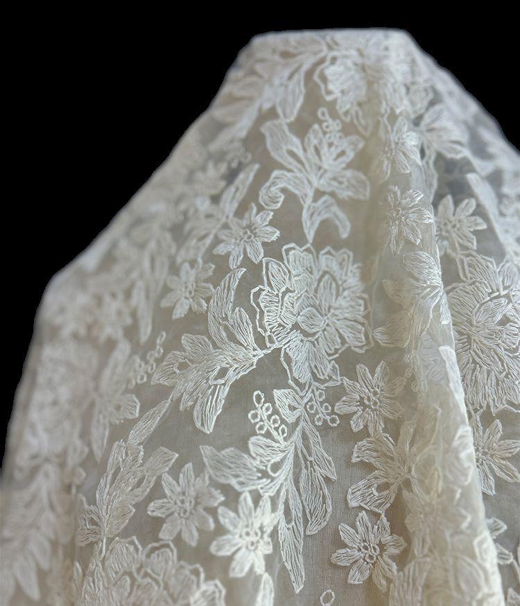 Light and delicate flower embroidery lace jacquard fabric suitable for wedding dresses formal gown and designer clothing fabrics