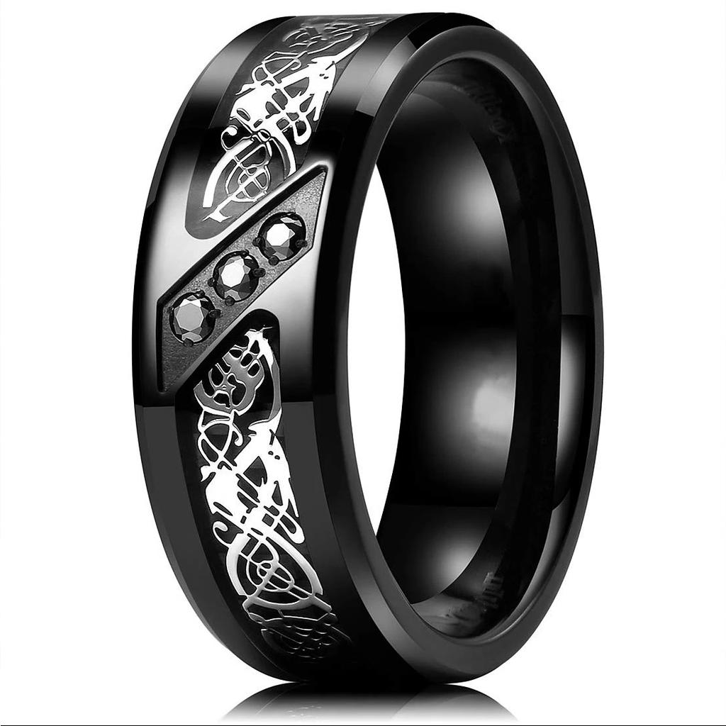Fashion Couple Rings Women's White Rhinestones Zircon Ring Sets Men's Stainless Steel Celtic Dragon Rings Wedding Band Jewelry