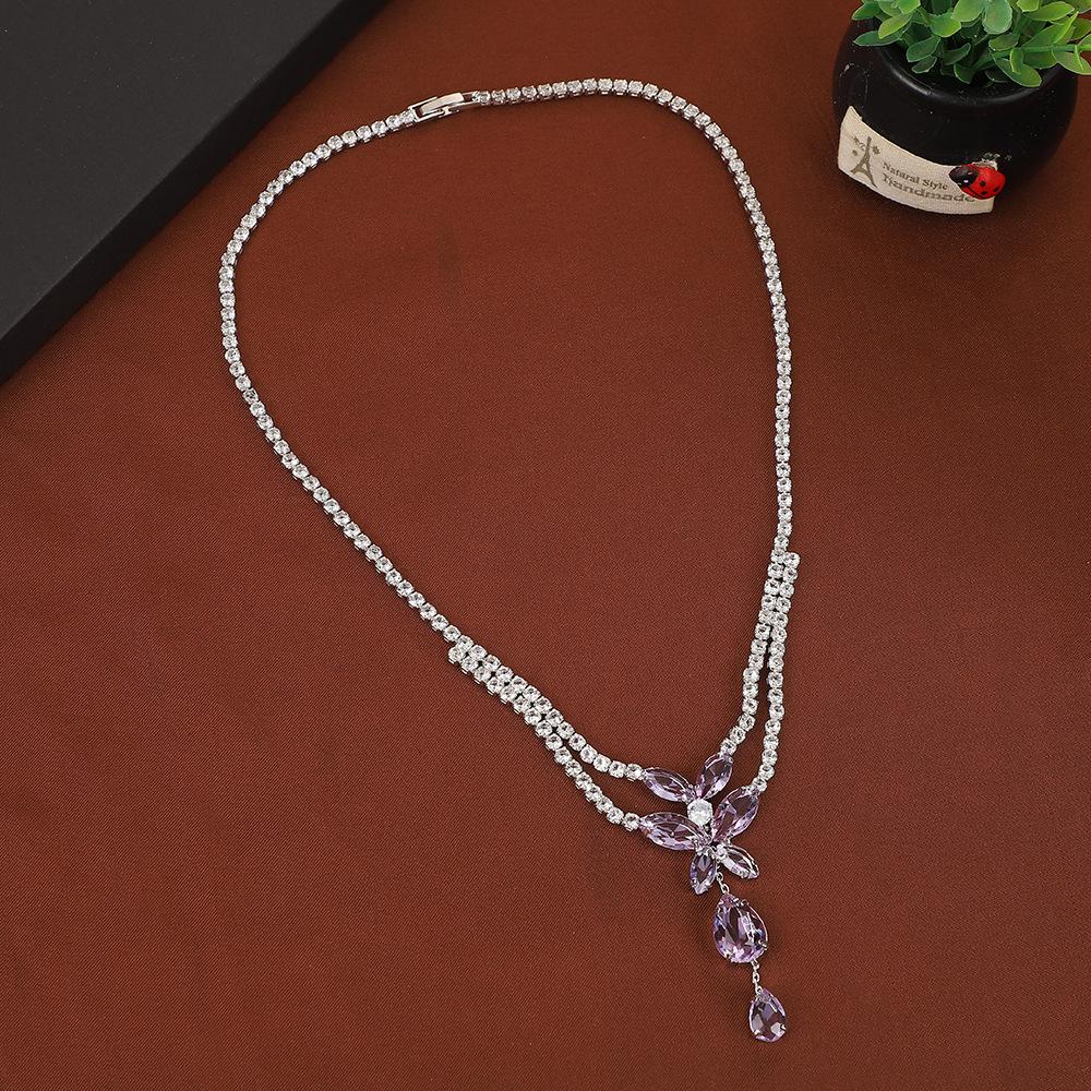 Premium Princess Full Diamond Leaf Necklace Earrings Set Court Zircon Set Chain Dress Accessories