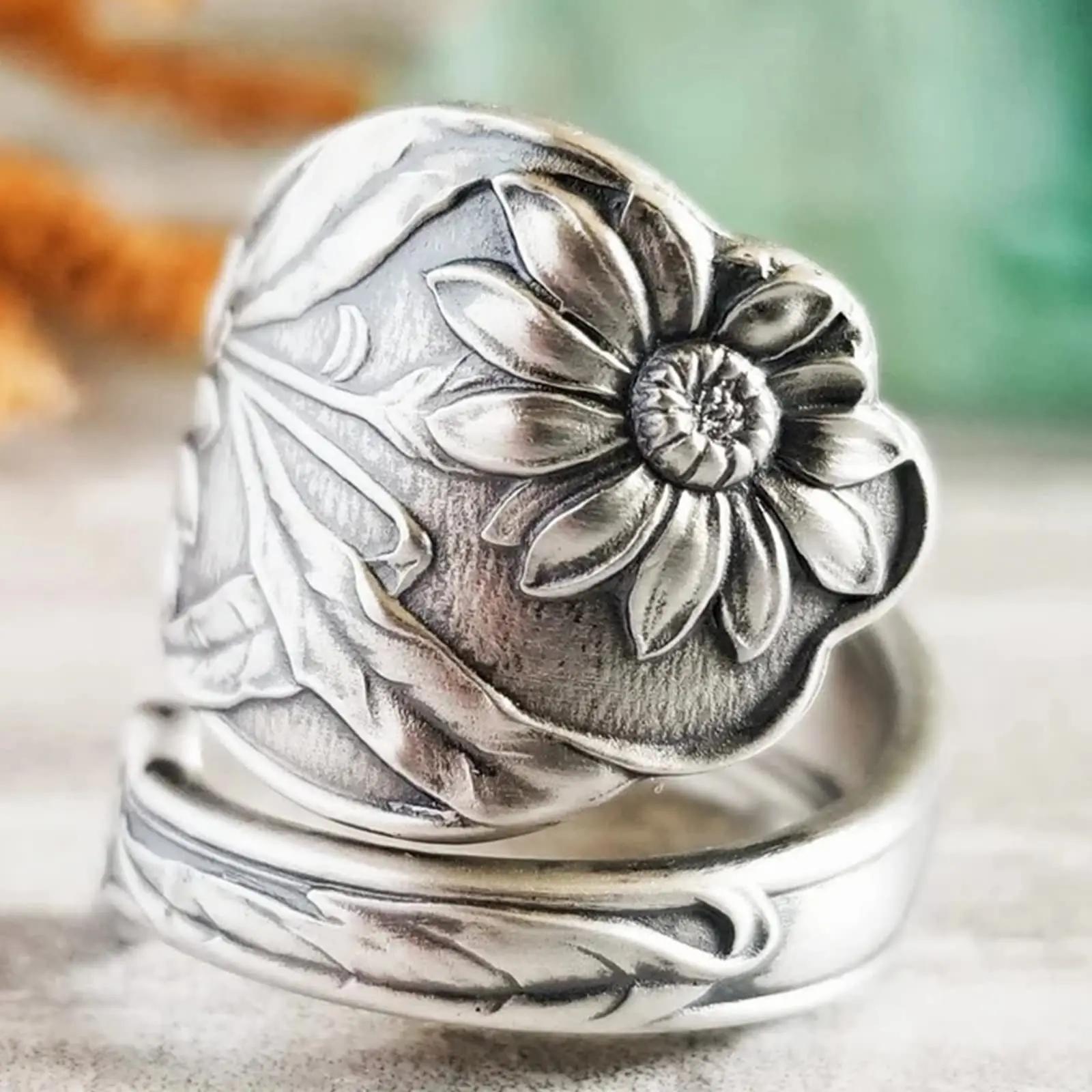 

Vintage Copper Color Butterfly Spoon Adjustable Ring Fashion Sunflower Victorian Style Zircon Birthday Gifts for Women Daughter resizable