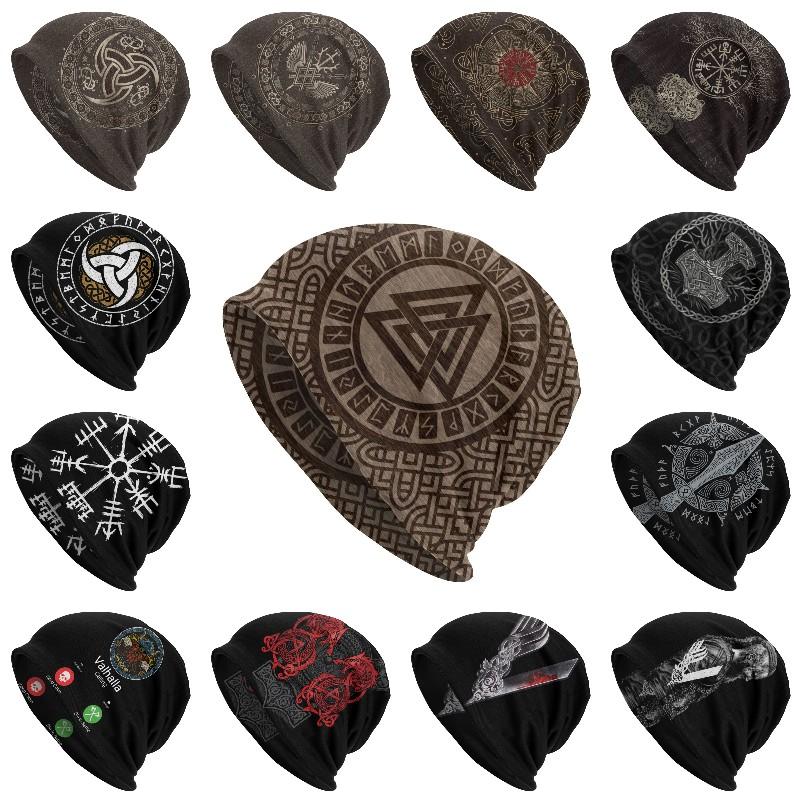 

Шапки с капюшоном викингов Valknut и Runes, зимние теплые вязаные шапки, уличные шапки с деревом и шапками Triquetra Skullies, шапки