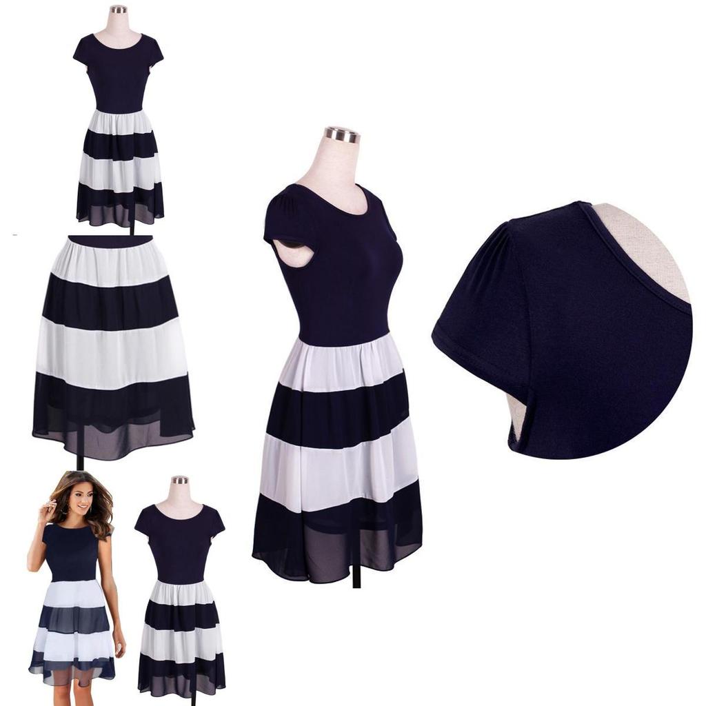 Premium Quality Women Chiffon Striped Dress With Short Sleeves And Zipper Closure