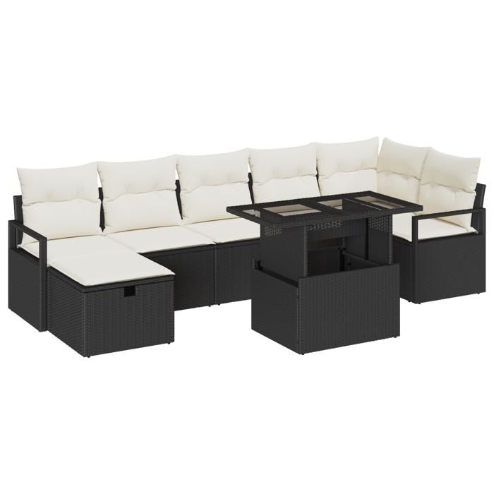 Ensemble de Canapé de Jardin de 8 Pièces avec Coussins Noir Rattan Poly, Canapé de Jardin 2 Places avec Rangement &amp; Coussins 3361136