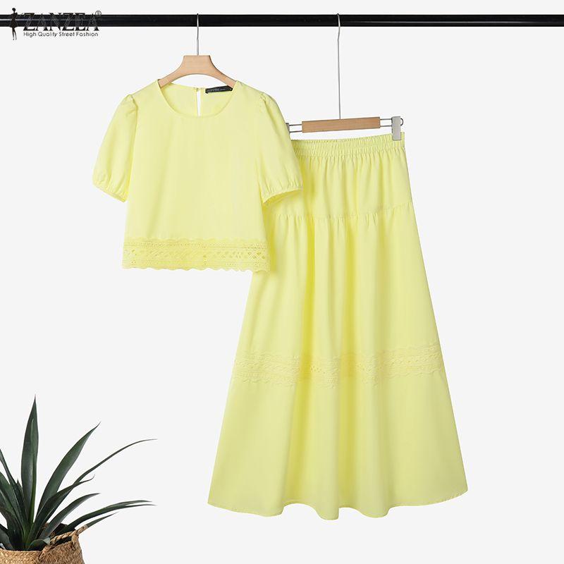 ZANZEA Conjunto de duas peças de blusa de manga curta e saia longa para mulheres
