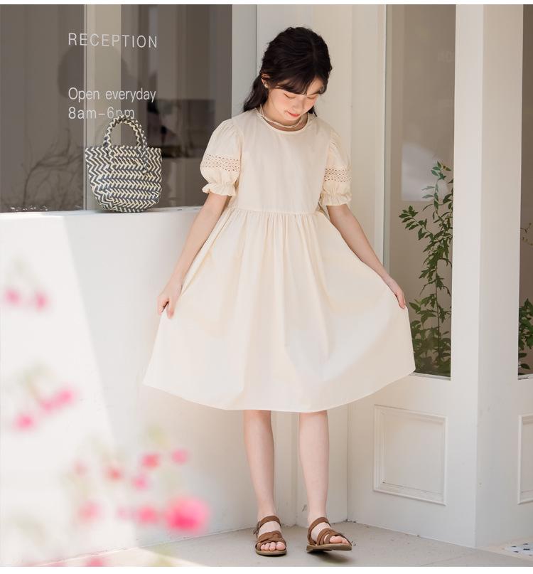 Mädchen Jumpsuit Kleid im koreanischen Stil mit Puffärmeln - Kurzarm einfarbig Kinderbekleidung 2025