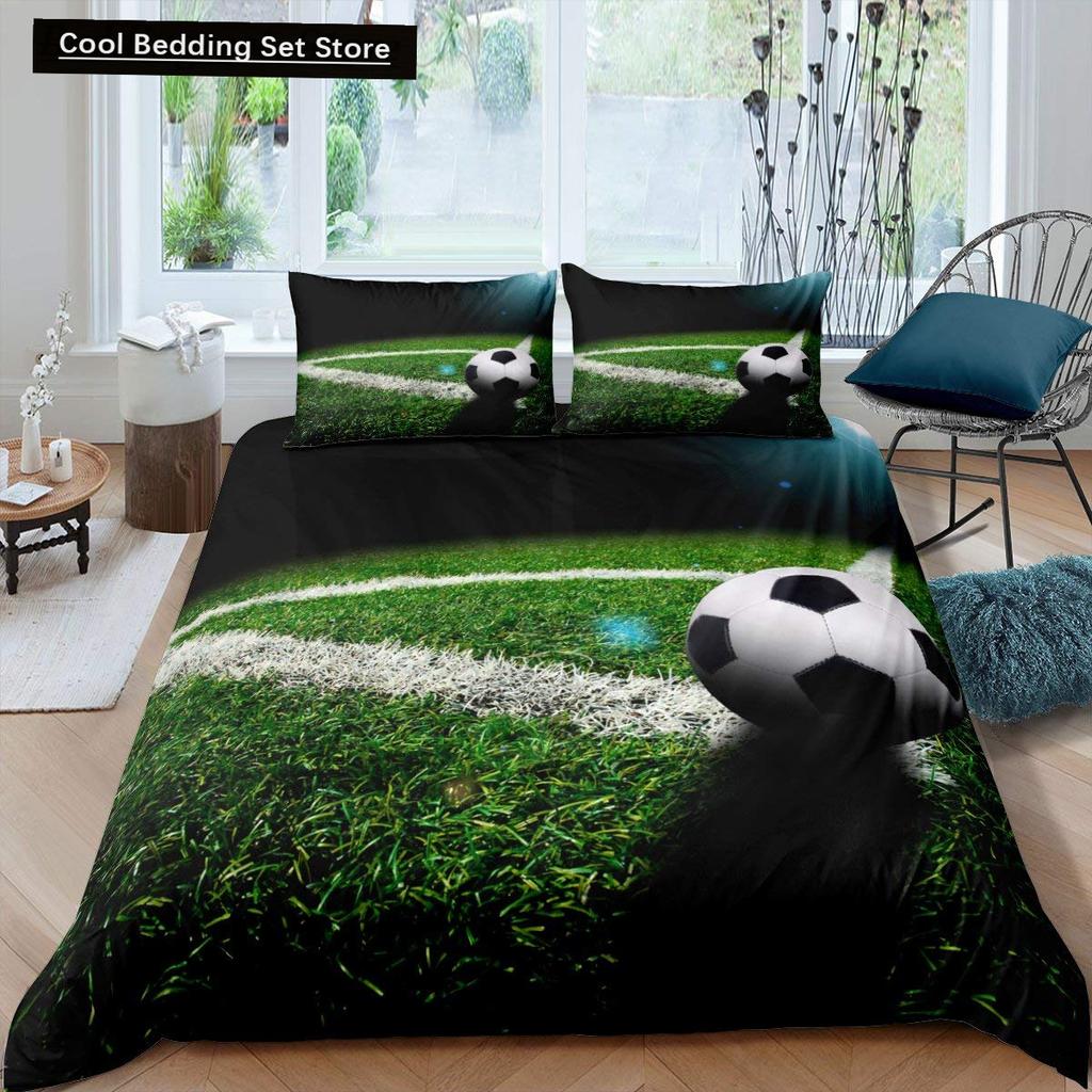 Husă de Plapumă Verde Teren de Fotbal King Queen Husă de Plapumă Teren de Fotbal Set de Lenjerie de Pat pentru Băieți Bărbați Jocuri Sportive Husă de Plapumă Poliester