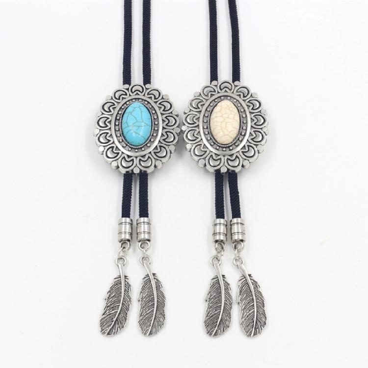 Bolo Tie for Men and Women Western Fashion Accessory with Metal Flower Turquoises Stone Accent Braided Necktie Necklace