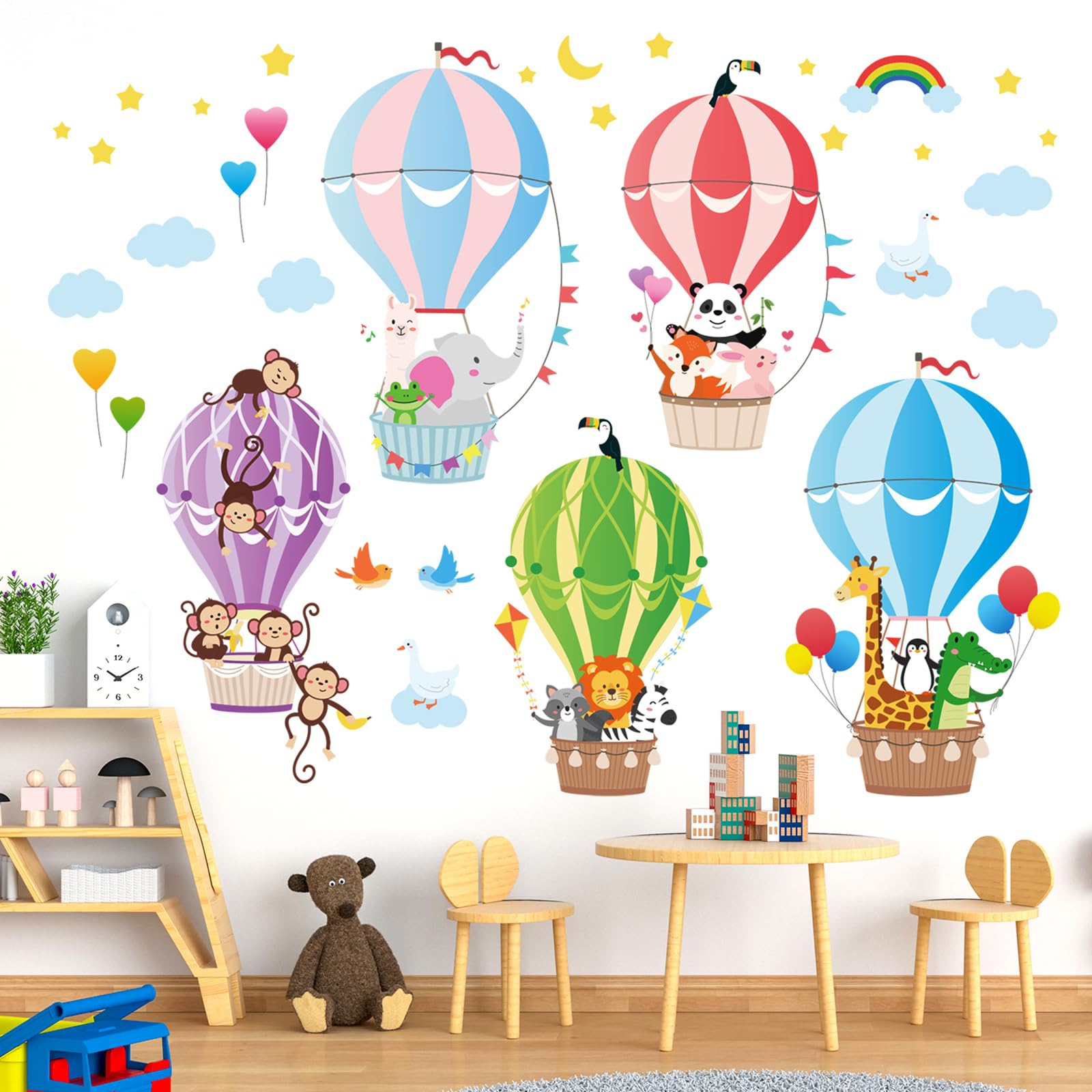 

DECOWALL Animals in a Hot Air Balloon Wall Sticker Decorate for DIY Wall Transfer Wall Art Sticker for Bathroom Teen Kids Wallpaper - Kindergarten,