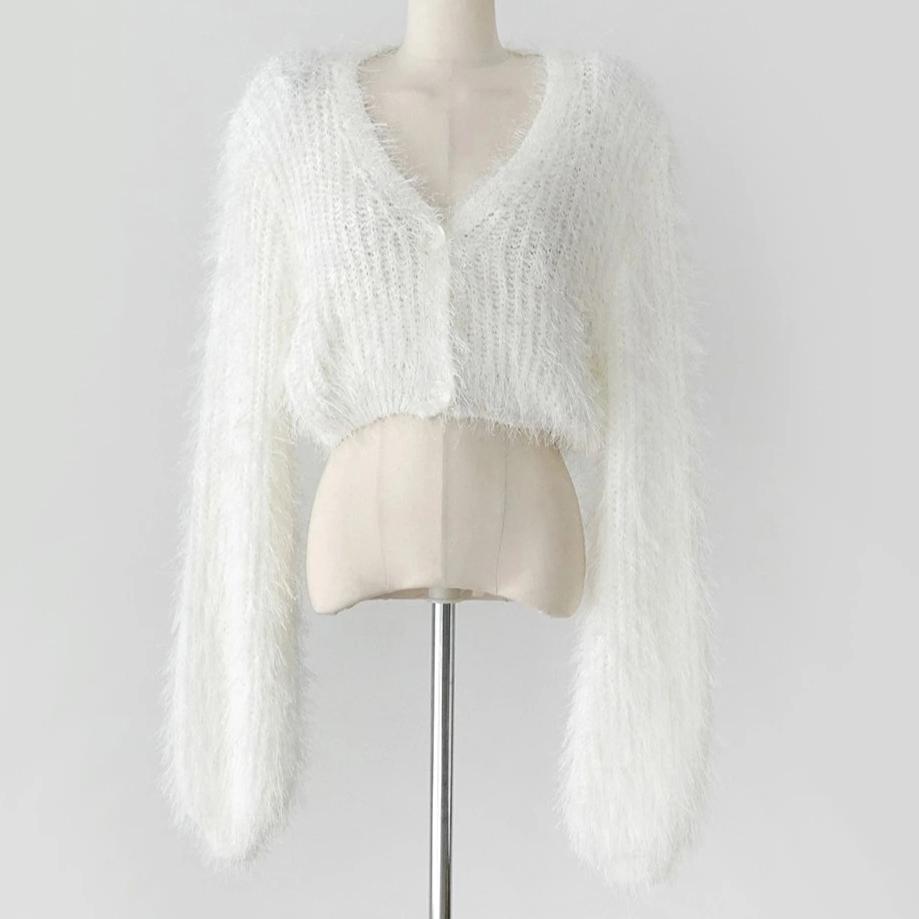 

Пушистый короткий свитер, сексуальное однобортное пальто с V-образным вырезом и длинными рукавами, корейский шикарный вязаный топ, модный розовый укороченный кардиган, женская одежда One Size