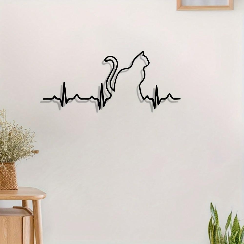 Art Mural Chat Cœur en Métal Vintage Sculpture en Fer Noir avec Motif Miaou Parfait pour la Décoration de Chambre à Coucher Cadeau pour Amoureux des Chats
