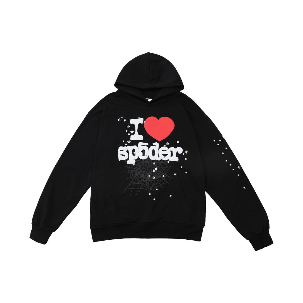 A high-quality SP5DER spider web foam printed hoodie, European and American large-size loose sweater.