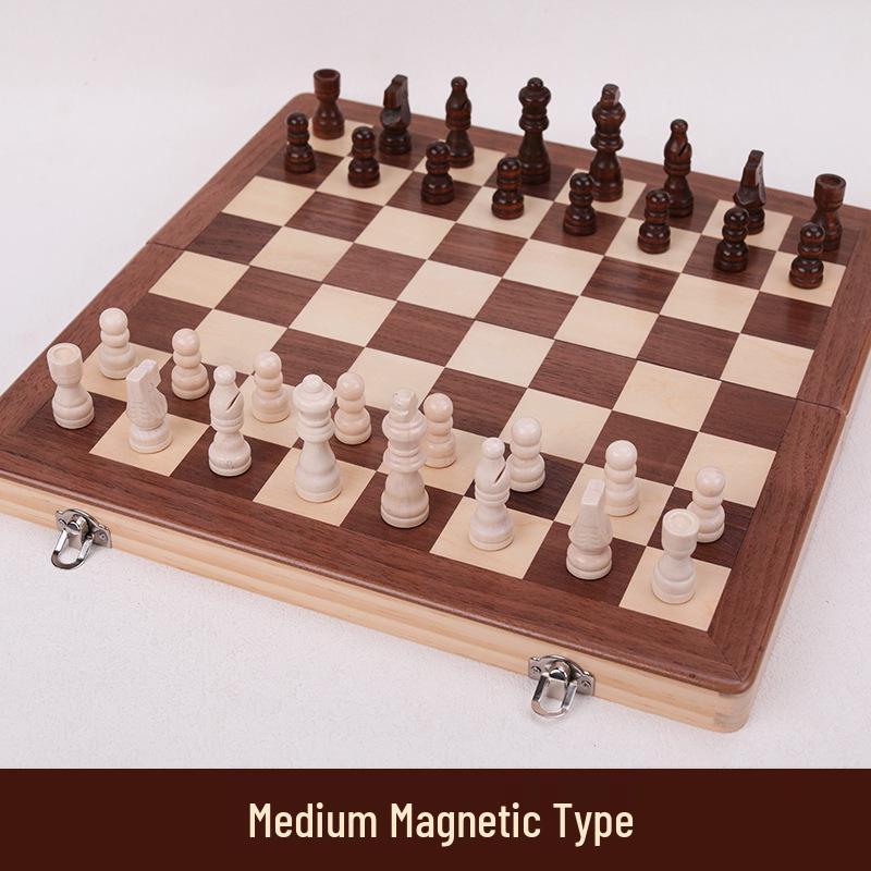 Magnetic Solid Wood Chess Set with Foldable Board - Double Queen Edition, Large Size, Adult & Educational Toy for Kids.