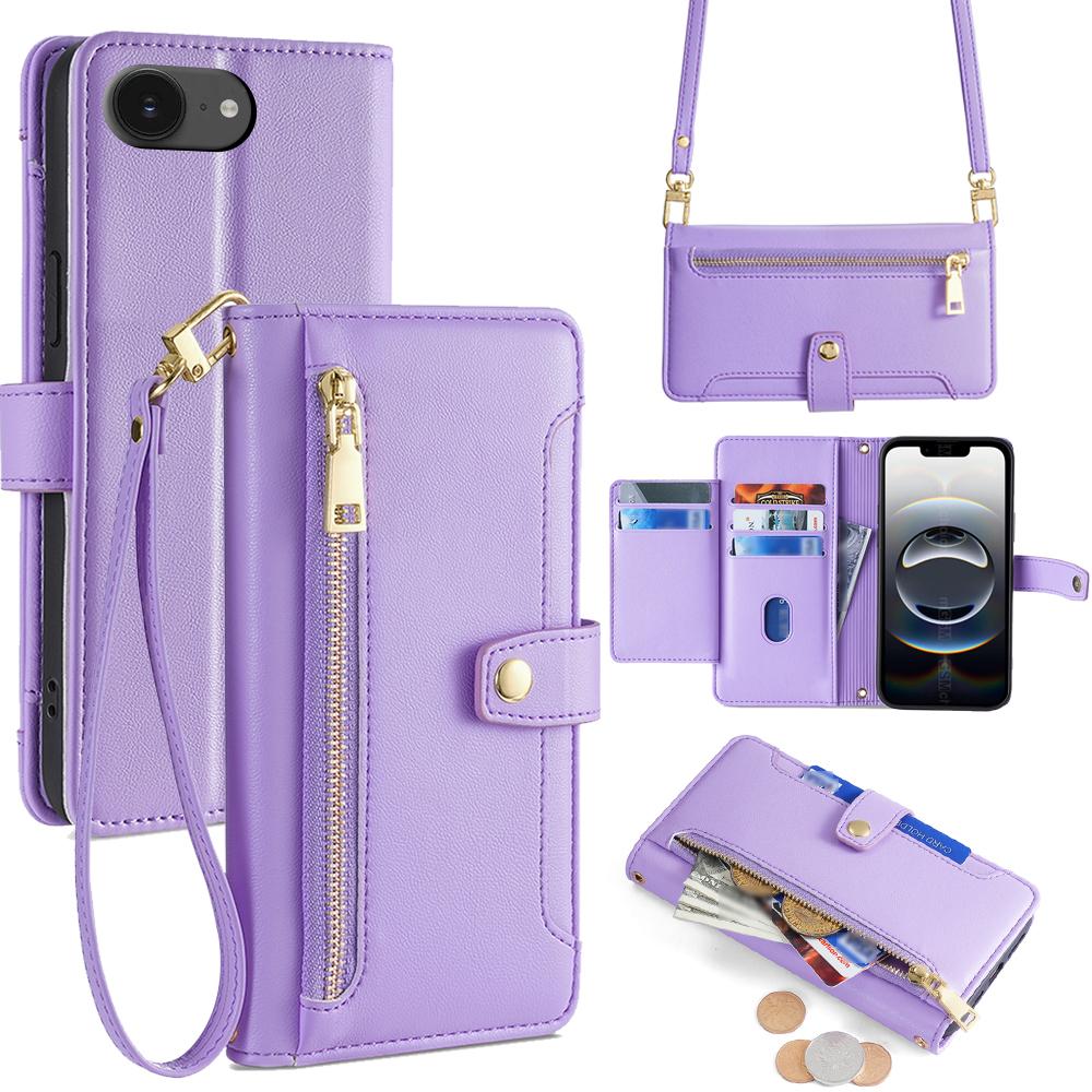 For iPhone 16e Case Zipper Pocket Wallet Leather Phone Cover with 2 Straps