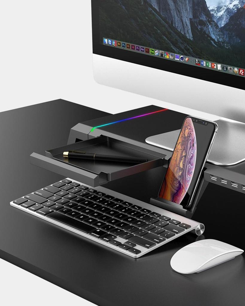 Monitor Stand with 4 USB Desktop PC Monitor Stand with Smartphone 8cm RGB PC Laptop Gaming 25kg Weight Capacity Ports, Stand, Stand, Drawer, Height,