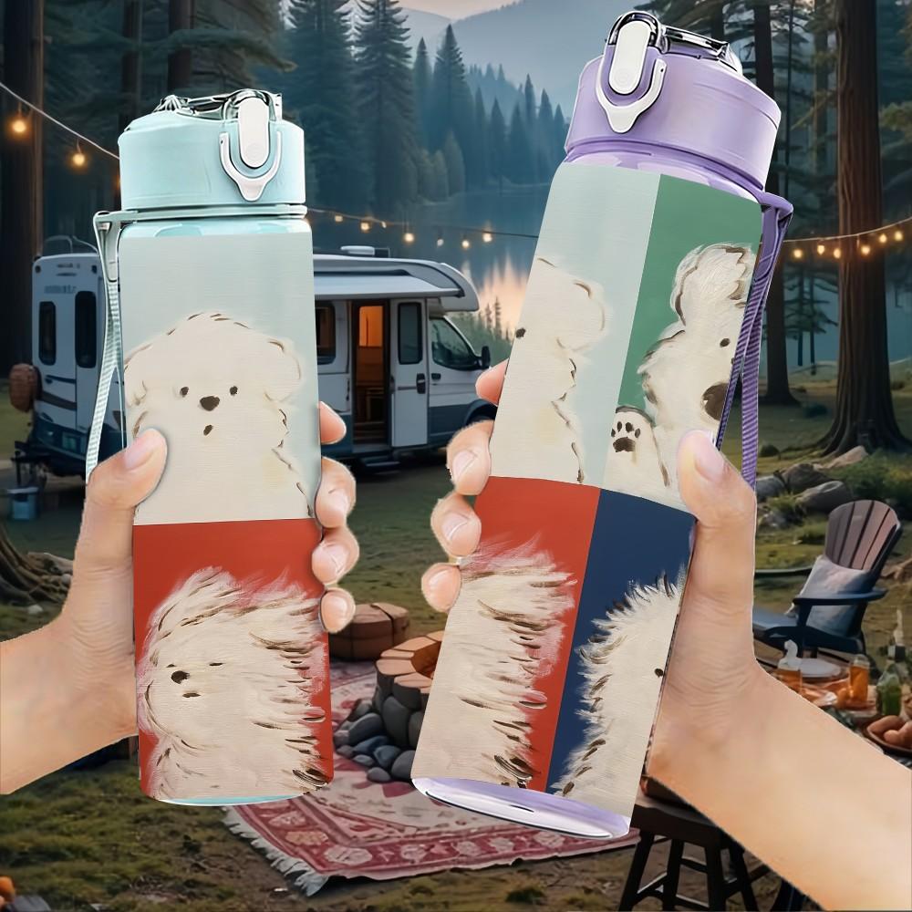 1PC Cute Puppy Dogs Color Block Portrait Art 750ml Color Plastic Sports Water Bottle Leakproof Flip Straw Lid Suitable for Sports Office Home Use