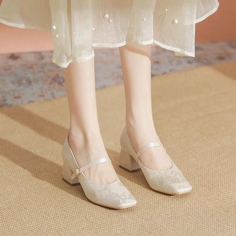 Spring Women High Heels Square Toe Mary Jane Pumps Summer Satin Party Wedding Ladies Solid Elegant Heels Zapatos Mujer