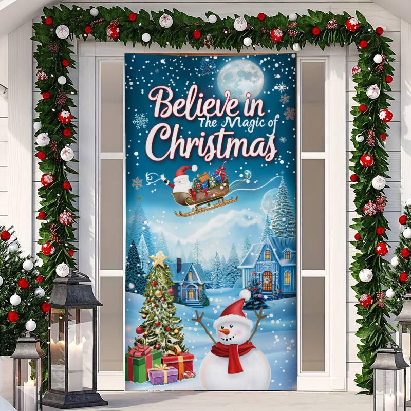 1 Buc Banner Husă Ușă Crăciun Fericit Poliester Om de Zăpadă Model Brad de Crăciun Alb pentru Ajun Anul Nou Petrecere de Sărbători Ușă Față Decor Acasă Perete