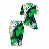 Women Plus Size Dark Green Shamrock Printed Round Neck Short Sleeve Asymmetric Top And Fitted Skirt Two Piece Set