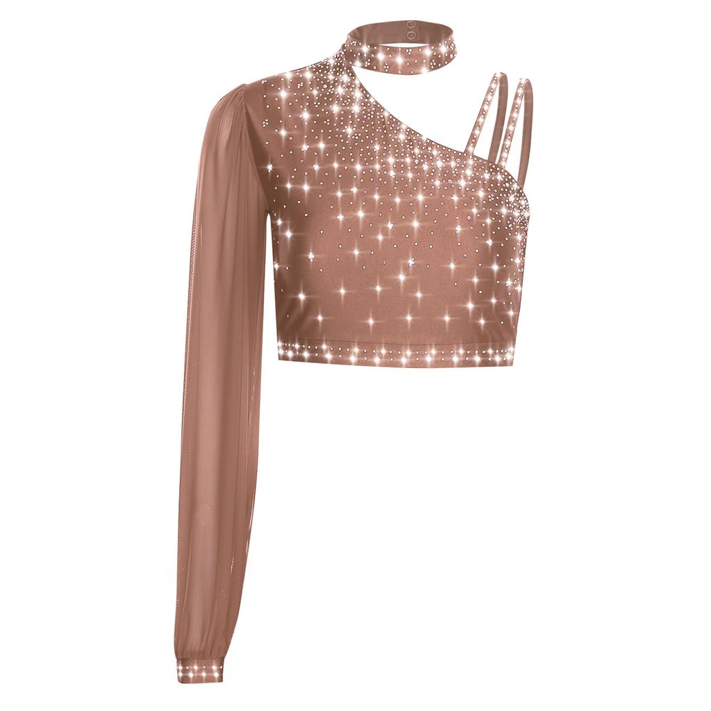Damen Zeitgenössischer Tanz Top Asymmetrisch Transparentes Mesh Langarm Buntes Strass Crop Top