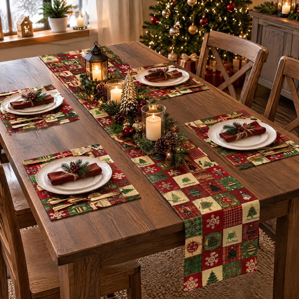 5 Pack Christmas Table Runners, Plaid Christmas Tree Ball and Snowflake Pattern Table Decor for Kitchen, Dining and Coffee Table