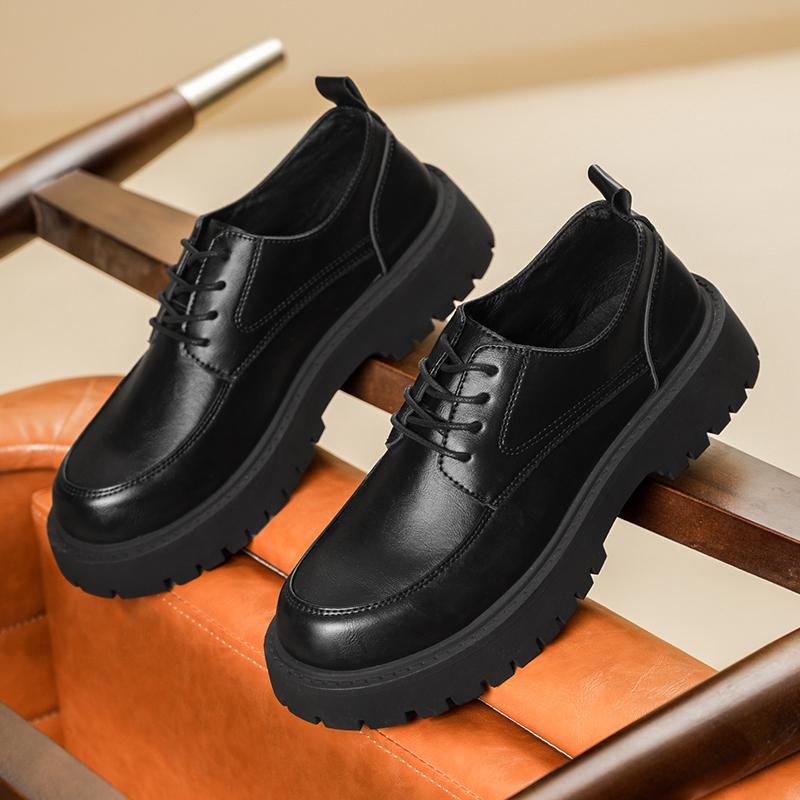 Fashion Black Leather Derby Shoes For Men Thick-Soled Wedding Shoes Formal Business Shoes Lace-Up Casual Shoes Platform Loafers