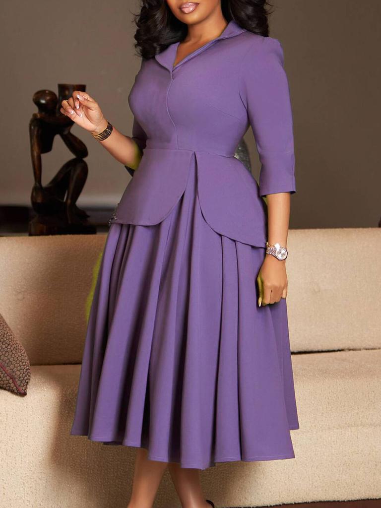 Women's Autumn Fashion Plus Size Dress with Blazer Collar, Solid Color A-Line Maxi Dress for African Women