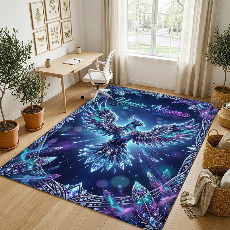 Dragon Phoenix Theme Crystal Velvet Rug Personalized Custom Name Text Soft Floor Mat Home Decor