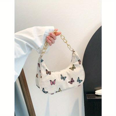 Fashion Metal Chain Handbag with Flower Design, Floral Printed Canvas Shoulder Bag, Tready Crescent Moon Bag for Women, Exquisite Floral Bag for Women