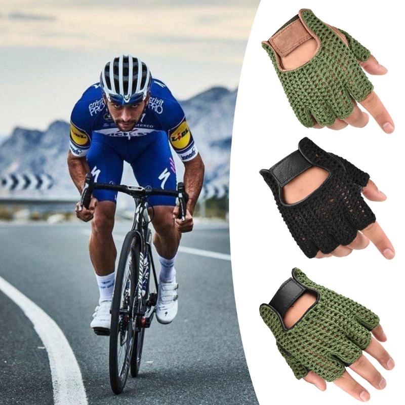 1 par de Guantes de Lana y Cuero para Hombre de Medio Dedo, Mitones para Fitness, Guantes para Ciclismo al Aire Libre y Fitness