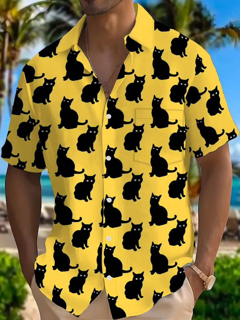Men's Hawaiian Shirt with Cute Black Cat Print - Bright Yellow Button-Up Short Sleeve Collar Shirt, Breathable Loose Fit Plus Size Beach Vacation &