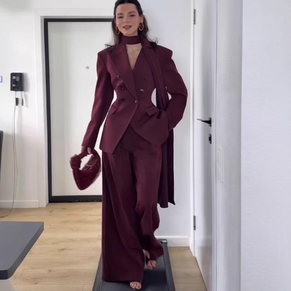 2025 Autumn Women's Fashionable & Versatile Professional Suit: Comfy Jacket & Wide-Leg Pants Set