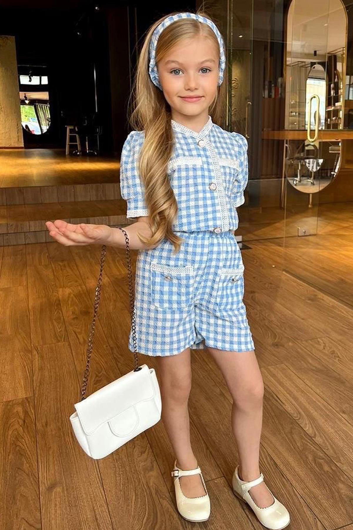 

Girl s Gingham Pattern Lace Embroidered Fake Pocket Blue Shorts Set