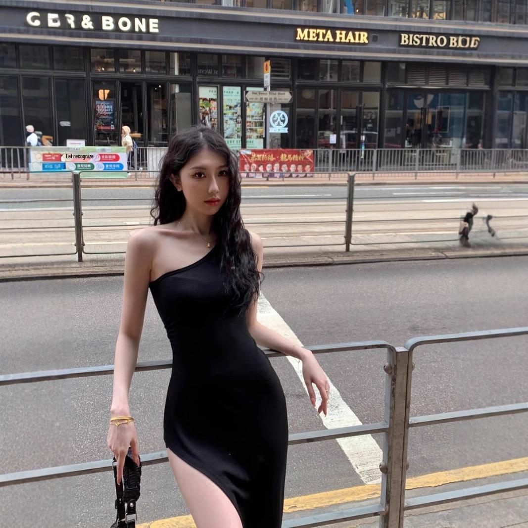 

Women s Summer One-Shoulder Spaghetti Strap Bodycon Slit Dress - Slimming Waist-Hugging Design XL Premium чорний