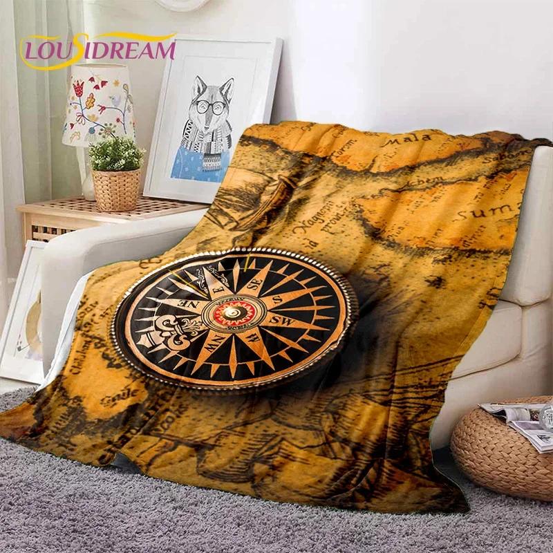 Mappa del Mondo di Carta Nautica Antica 3D Bussola Morbida Coperta in Flanella per Letti Camera da Letto Divano Picnic, Coperta da Lancio per Esterni Tempo Libero