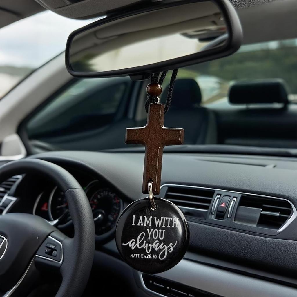 Daily Bible Verse Rearview Mirror Cross Ornament –Cross for Car Mirror Hanging Ornament with ‘I Am with You Always’ Medallion, Christian Gift