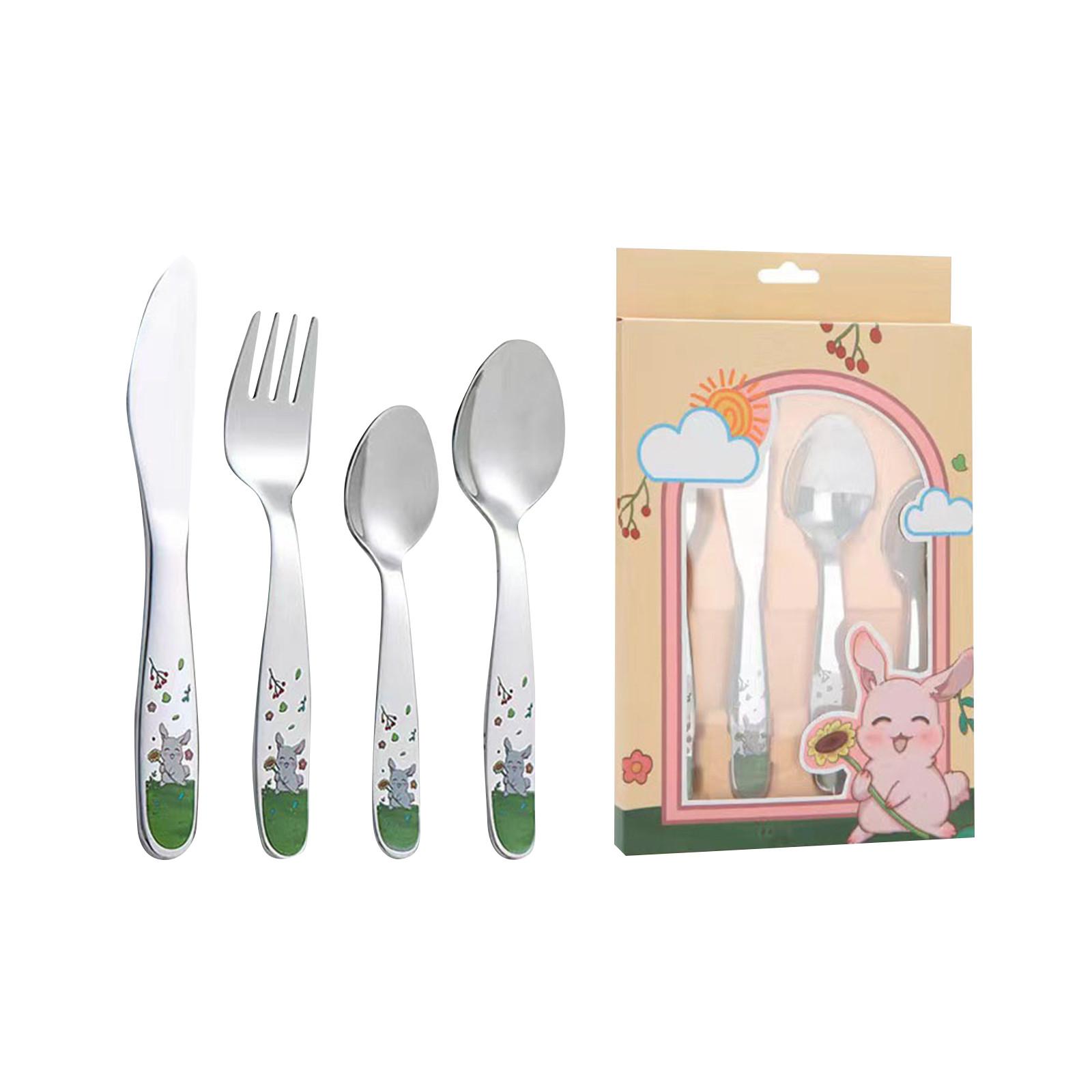 

Детский набор столовых приборов в виде кролика, 4 шт., детские столовые приборы из нержавеющей стали, полированная ложка для приучения ребенка One Size серебряный