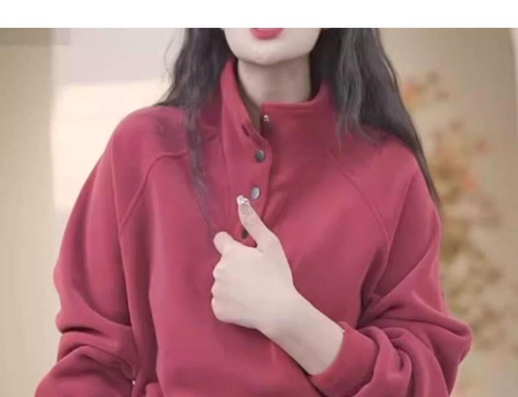 Women's 2025 Autumn/Winter Velvet Sweatshirt: Button Stand-Up Collar, Loose Fit, Plus Size, Fleece-Lined, Warm, Long-Sleeved Top