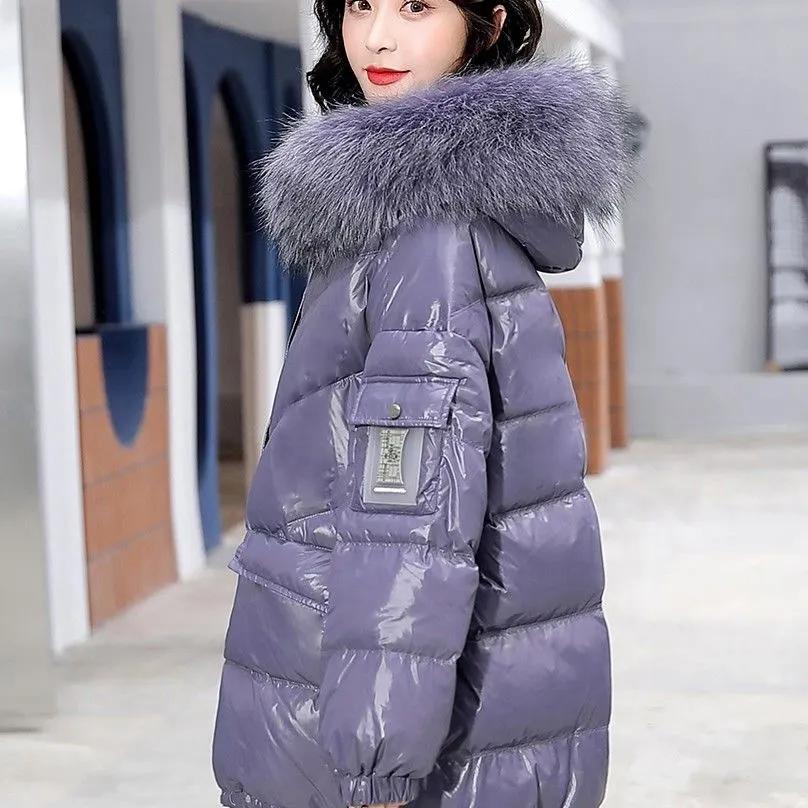 Large Size Padded Jacket Winter Glossy Fur Collar Padded Jacket Loose and Thickened