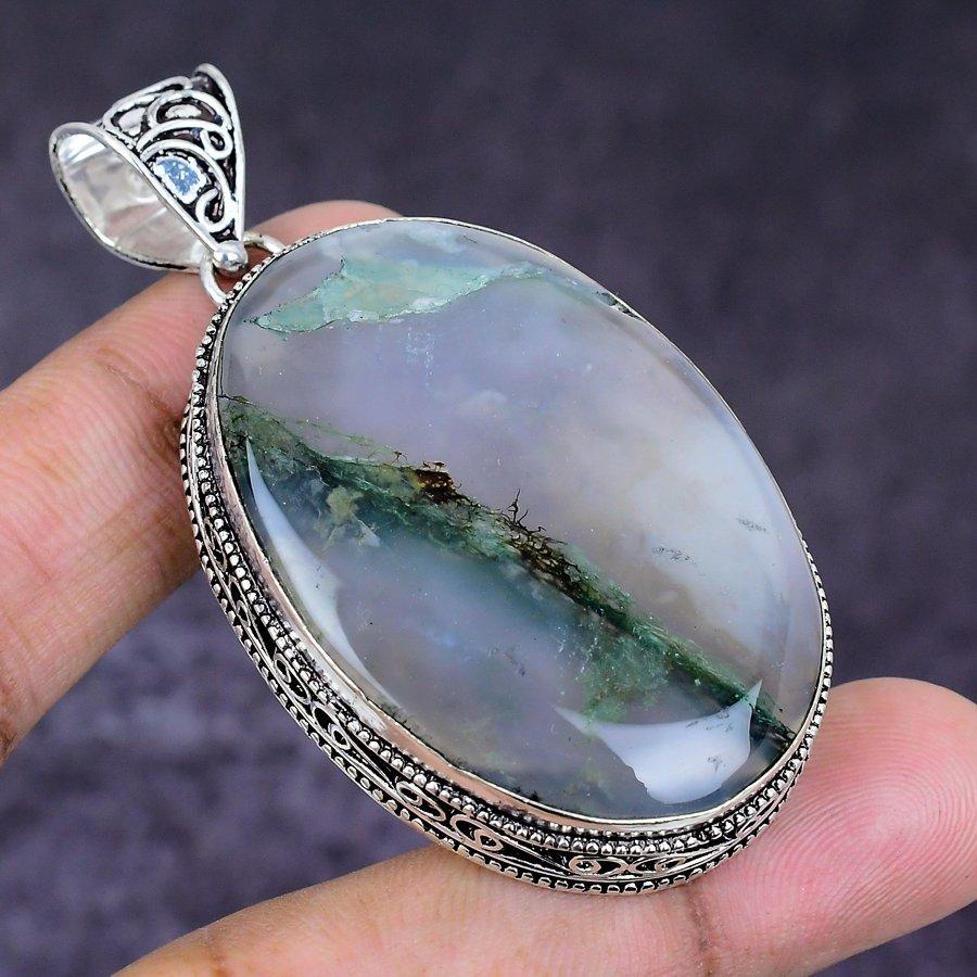Natural Moss Agate Gemstone 925 Sterling Silver Jewelry Pendant 2.44" ETC-14588