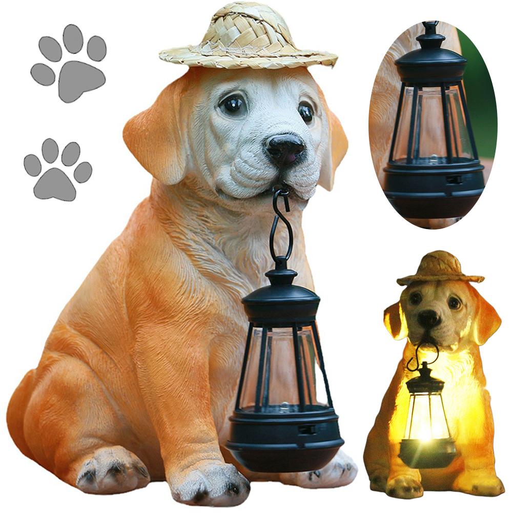 Resin Garden Dog Statues with Straw Hat and Solar LED Lantern Adorable Dog Figurines Puppy Decorations for Yard Patio Lawn Porch