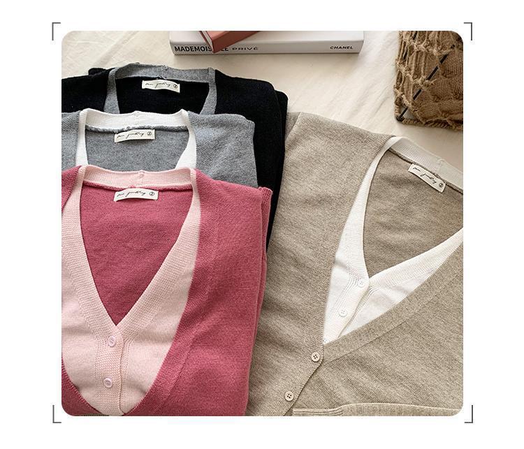 Wool Faux Two-Piece V-Neck Color Block Chic Knit Cardigan for Women - Autumn/Winter Lazy Style Short Sweater Coat