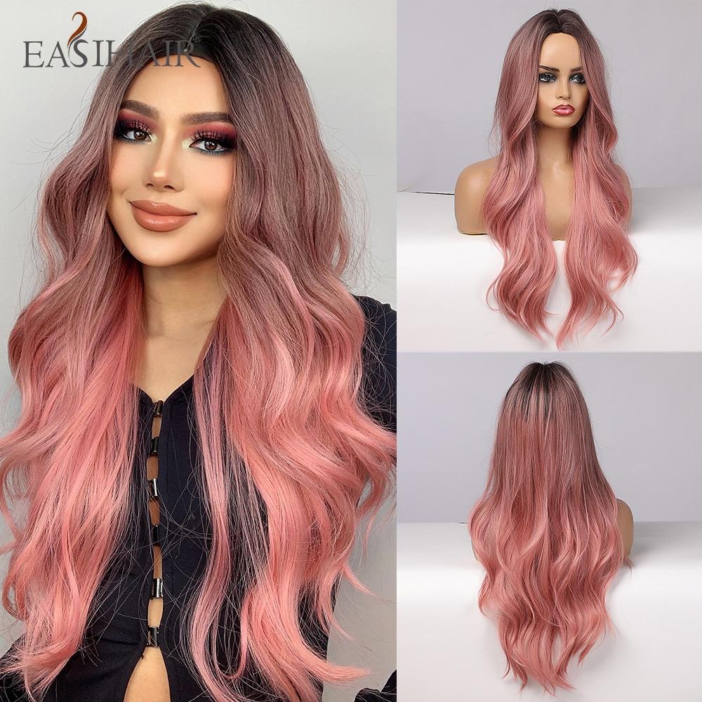 EASIHAIR Long Honey Brown Ombre Highlight Synthetic Wigs for Women Mixed Brown Wavy Natural Wigs Middle Part Cosplay Wigs Heat Resistant