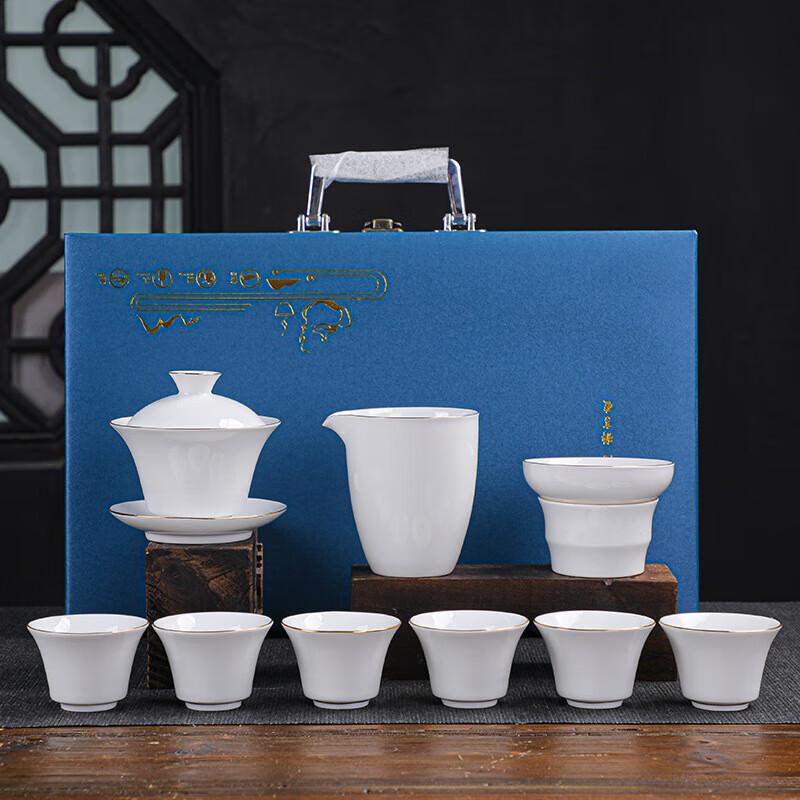 Dehua Mutton-Fat Jade Ceramic Gongfu Tea Set - Gold Trim