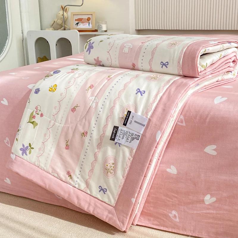 Fresh Floral Quilt 100% Cotton Flowers Print Air Conditioning Quilted Quilt Soft Breathable Lightweight Multifunction Blanket