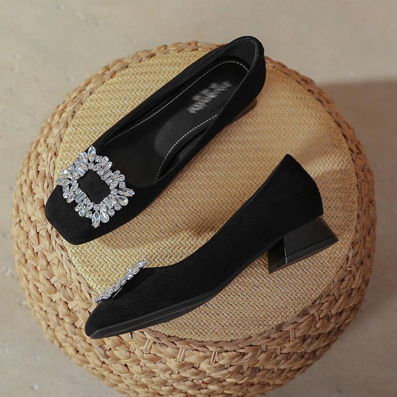 Low-heeled square-headed single shoes for women in spring 2025, new suede rhinestone square buckle, professional work, work shoes for women, black.