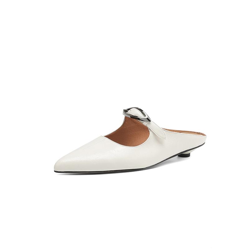 Fashion NEW Summer Women Mules Split Leather Shoes for Women Pointed Toe Low Heel Shoe Cover Toe Slingback Sandals Metal Buckle Slippers