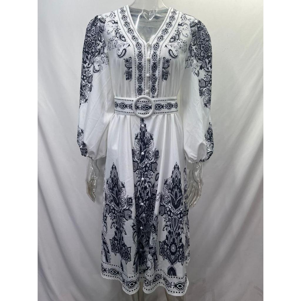 Vintage Court Style Floral Print V-neck Dress with Lantern Sleeves and Waistband, A-line, Long - Perfect for Spring/fall Ladies Fashion, Occasion Wear