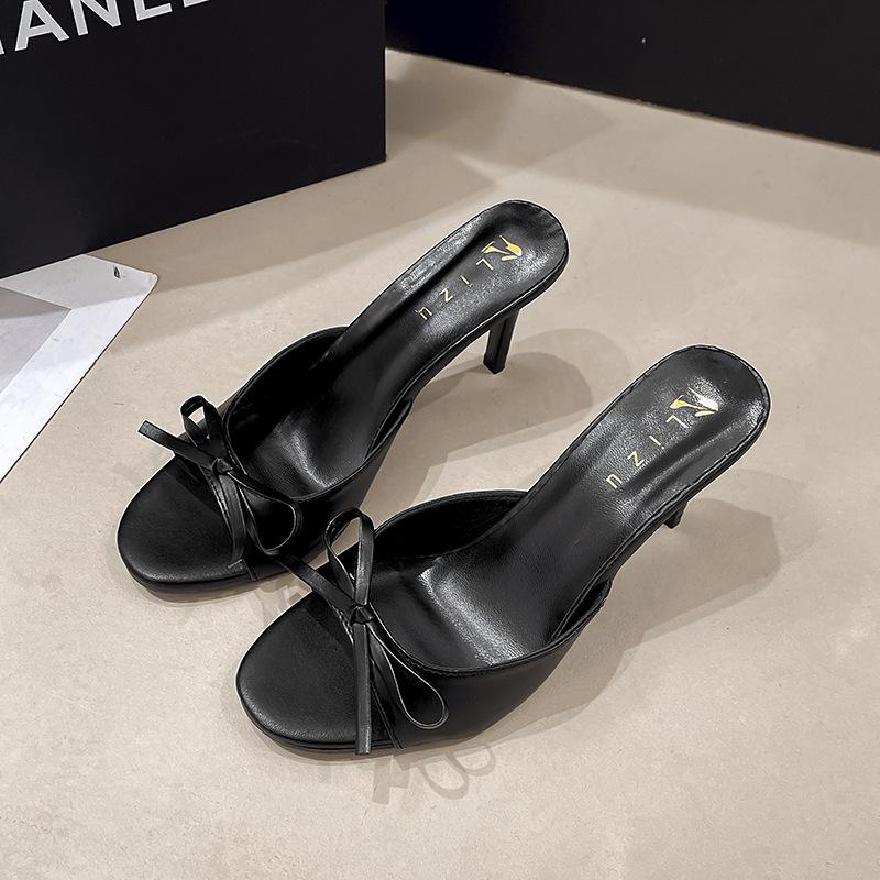 Gentle French summer 2025 new bow word cool slippers women's summer wear stiletto high heels