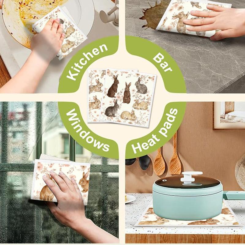 6PCS Cleaning Dishcloths Reusable Kitchen Dish Towels Rabbit Pattern Dishcloth Absorbent Lint Free Cloth Washable Duster Rags Tea Towels